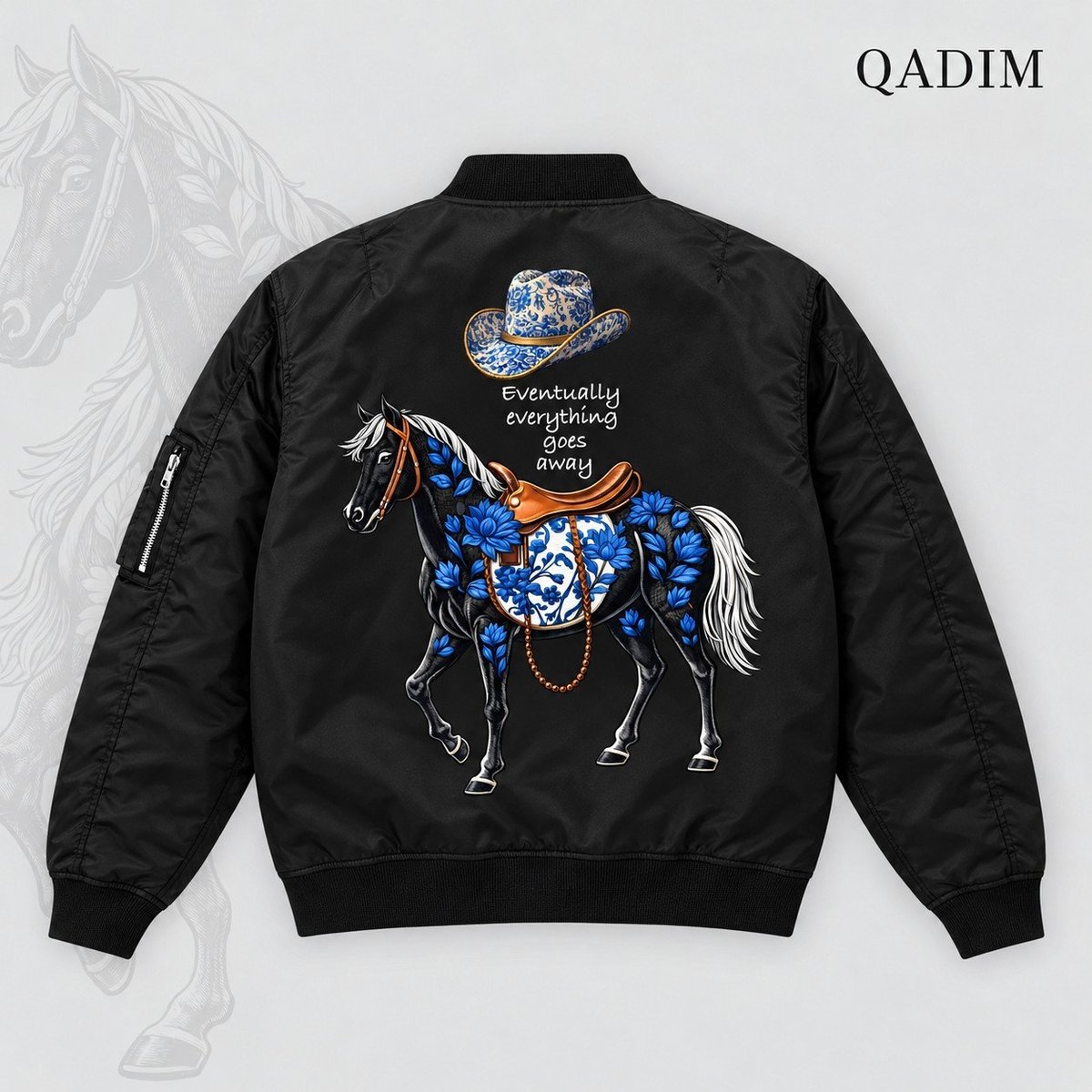 Safar bomber jacket, back, with the blue horse and cowboy hat print