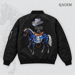 Safar bomber jacket, back, with the blue horse and cowboy hat print