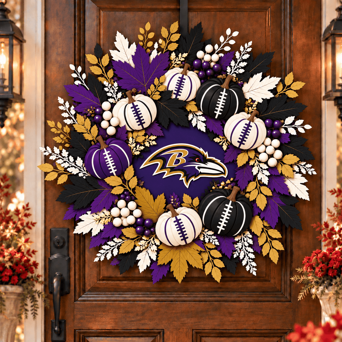 Baltimore Ravens Pumpkin & Maple Leaf Fall Football Wreath