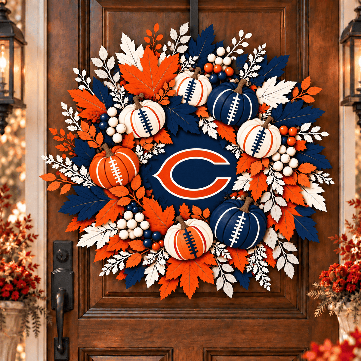 Chicago Bears Pumpkin & Maple Leaf Fall Football Wreath