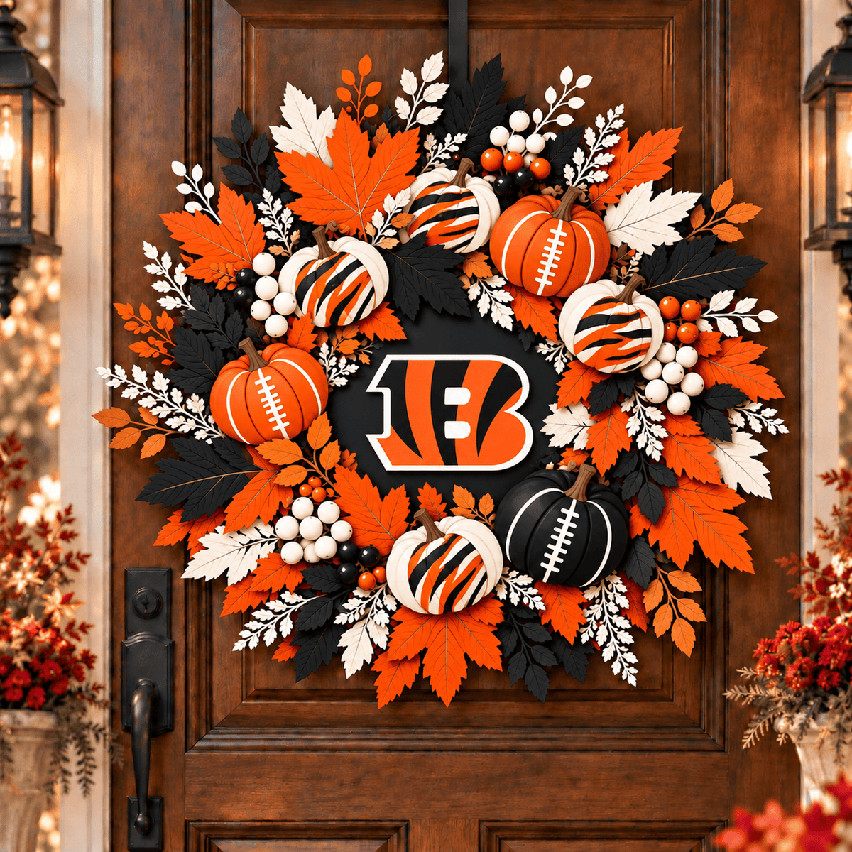 Cincinnati Bengals Pumpkin & Maple Leaf Fall Football Wreath