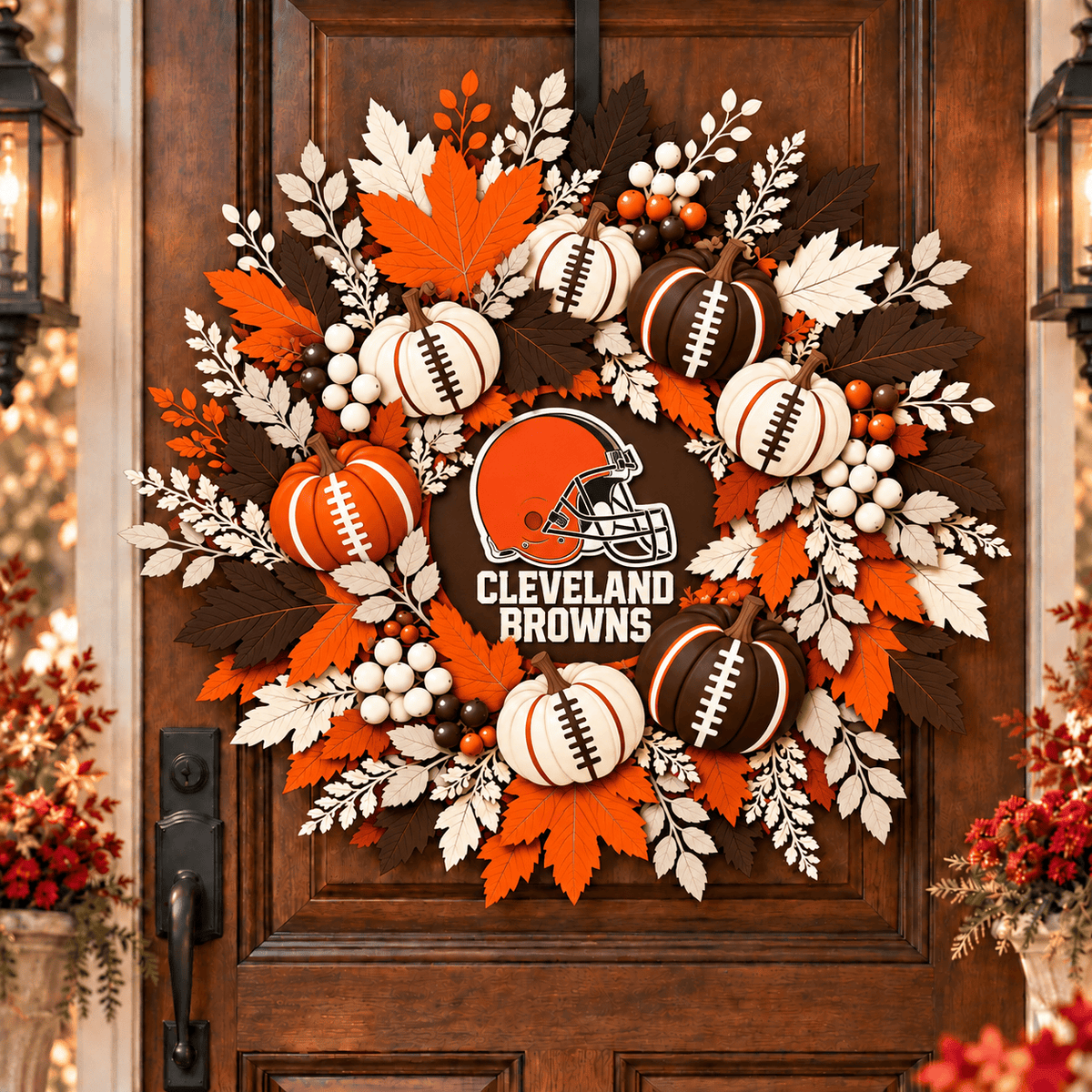 Cleveland Browns Pumpkin & Maple Leaf Fall Football Wreath
