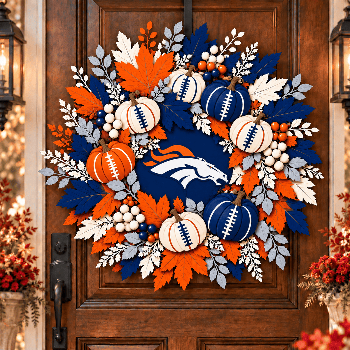 Denver Broncos Pumpkin & Maple Leaf Fall Football Wreath