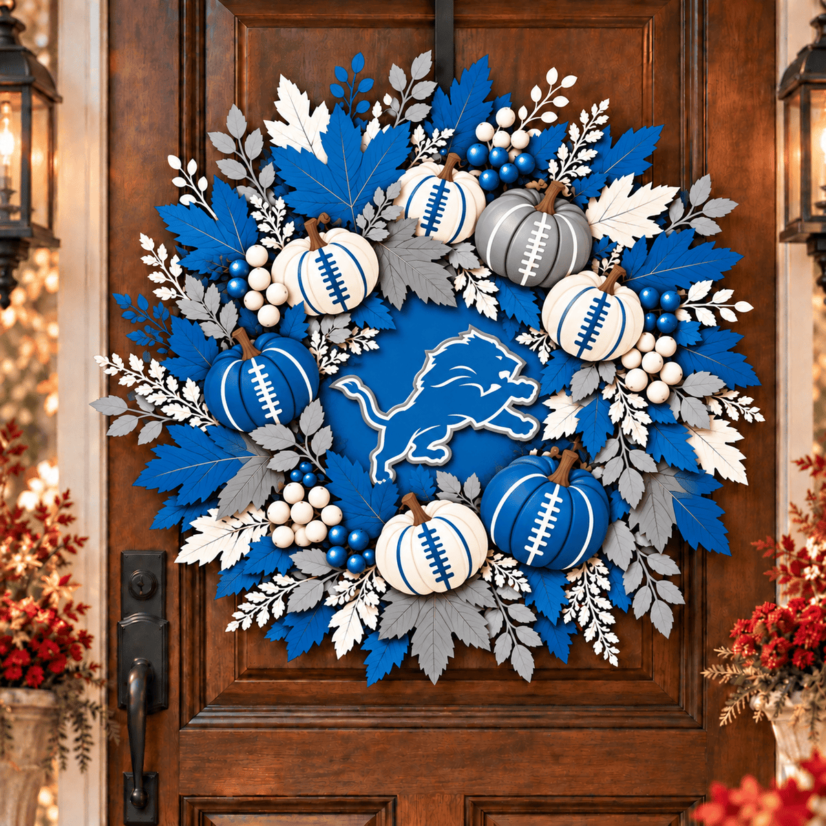 Detroit Lions Pumpkin & Maple Leaf Fall Football Wreath