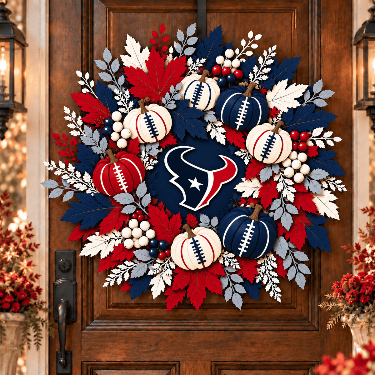 Houston Texans Pumpkin & Maple Leaf Fall Football Wreath