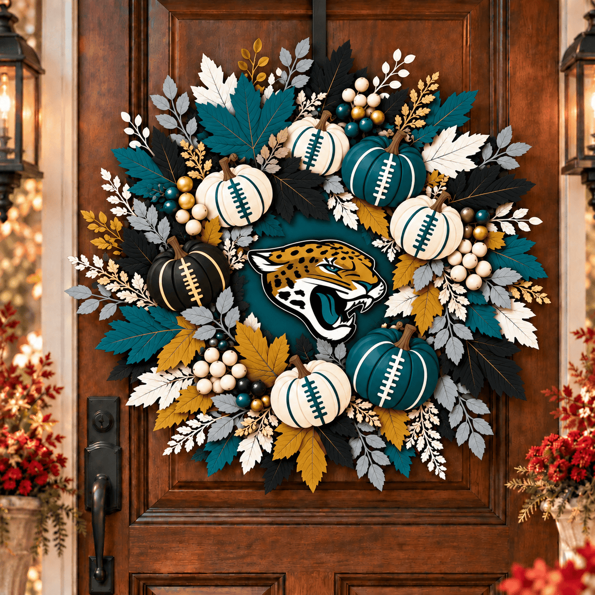 Jacksonville Jaguars Pumpkin & Maple Leaf Fall Football Wreath