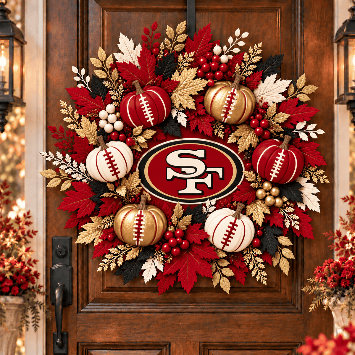 San Francisco 49ers Pumpkin & Maple Leaf Fall Football Wreath