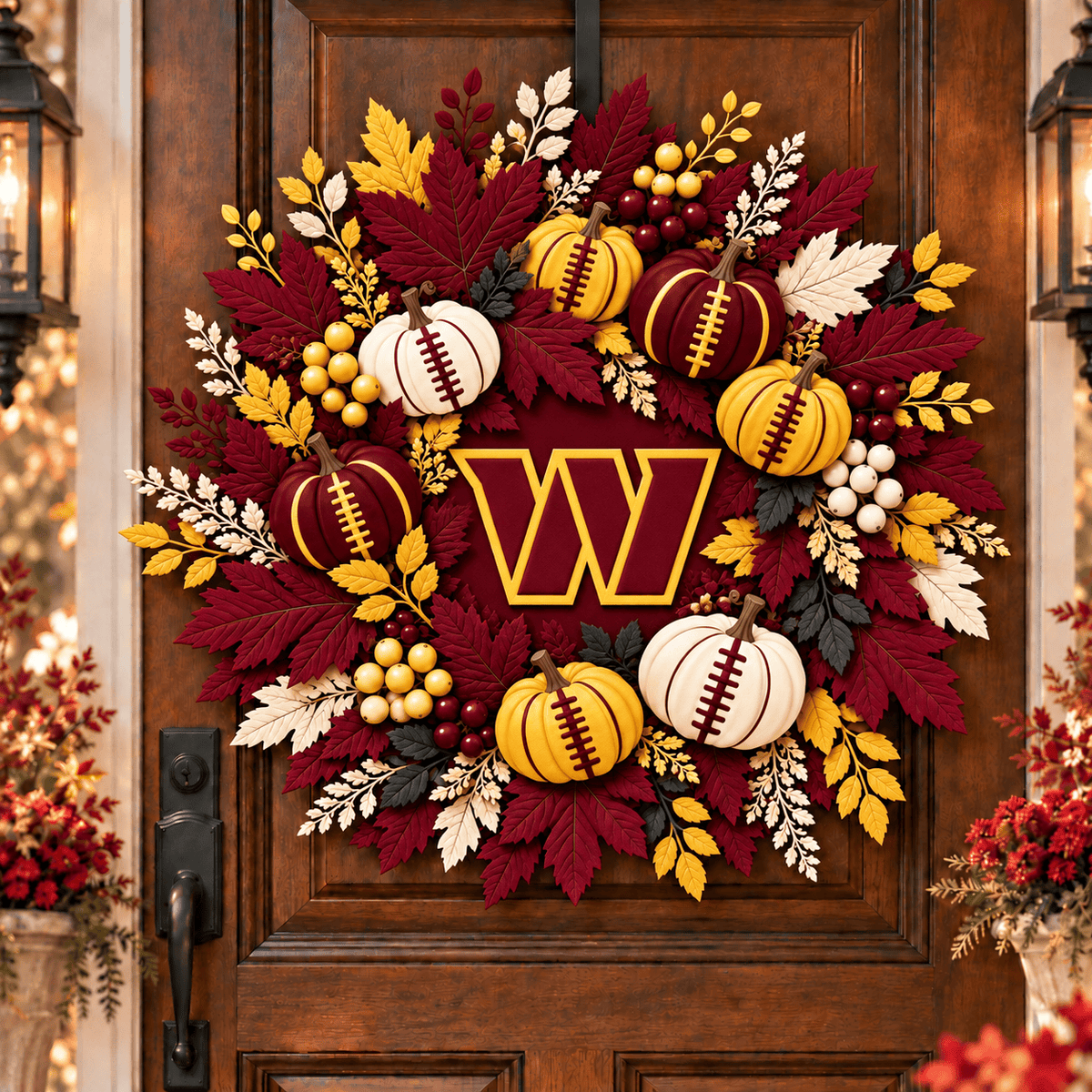 Washington Commanders Pumpkin & Maple Leaf Fall Football Wreath