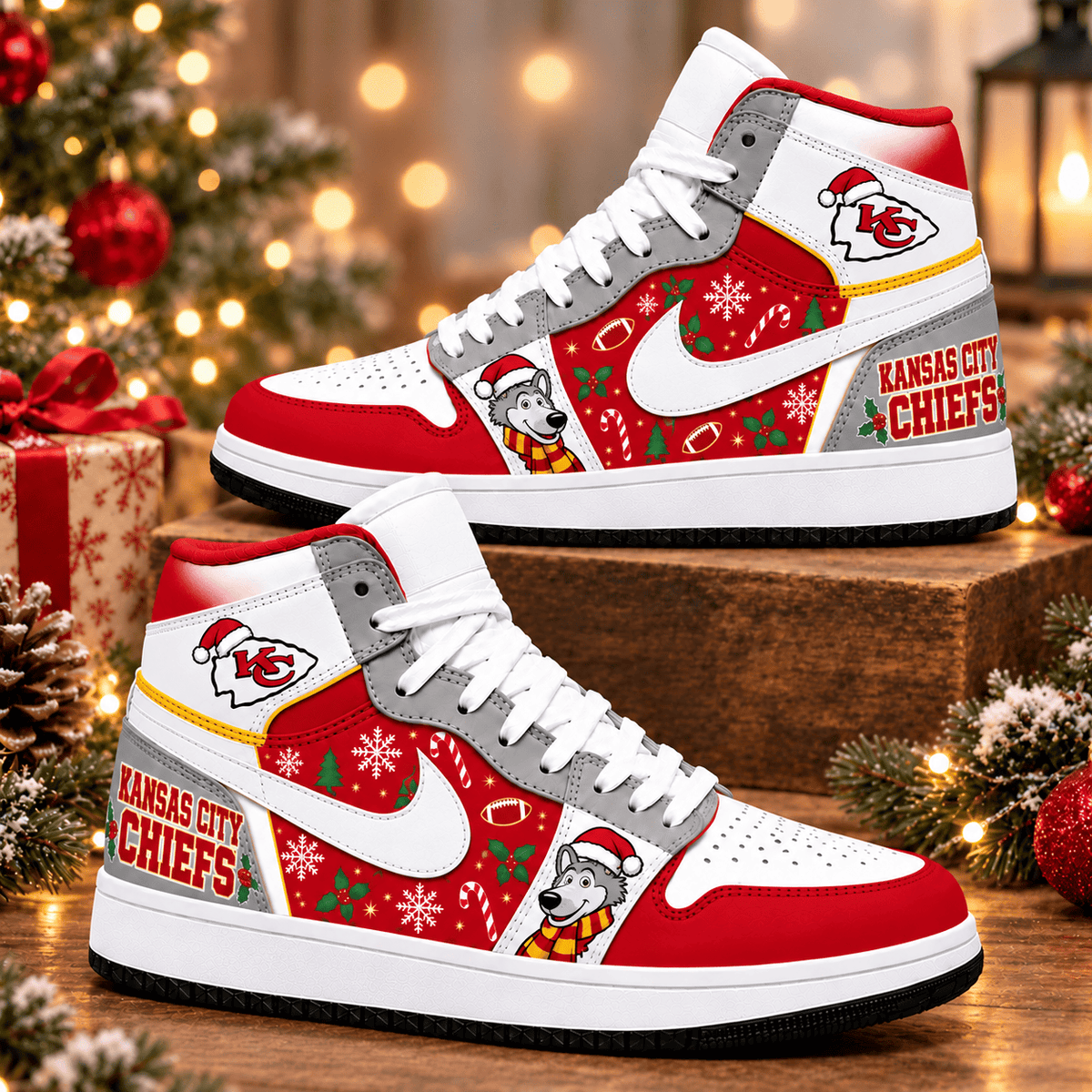 Kansas City Chiefs Premium Football AJ1 Shoes High – Holiday Fan Gift
