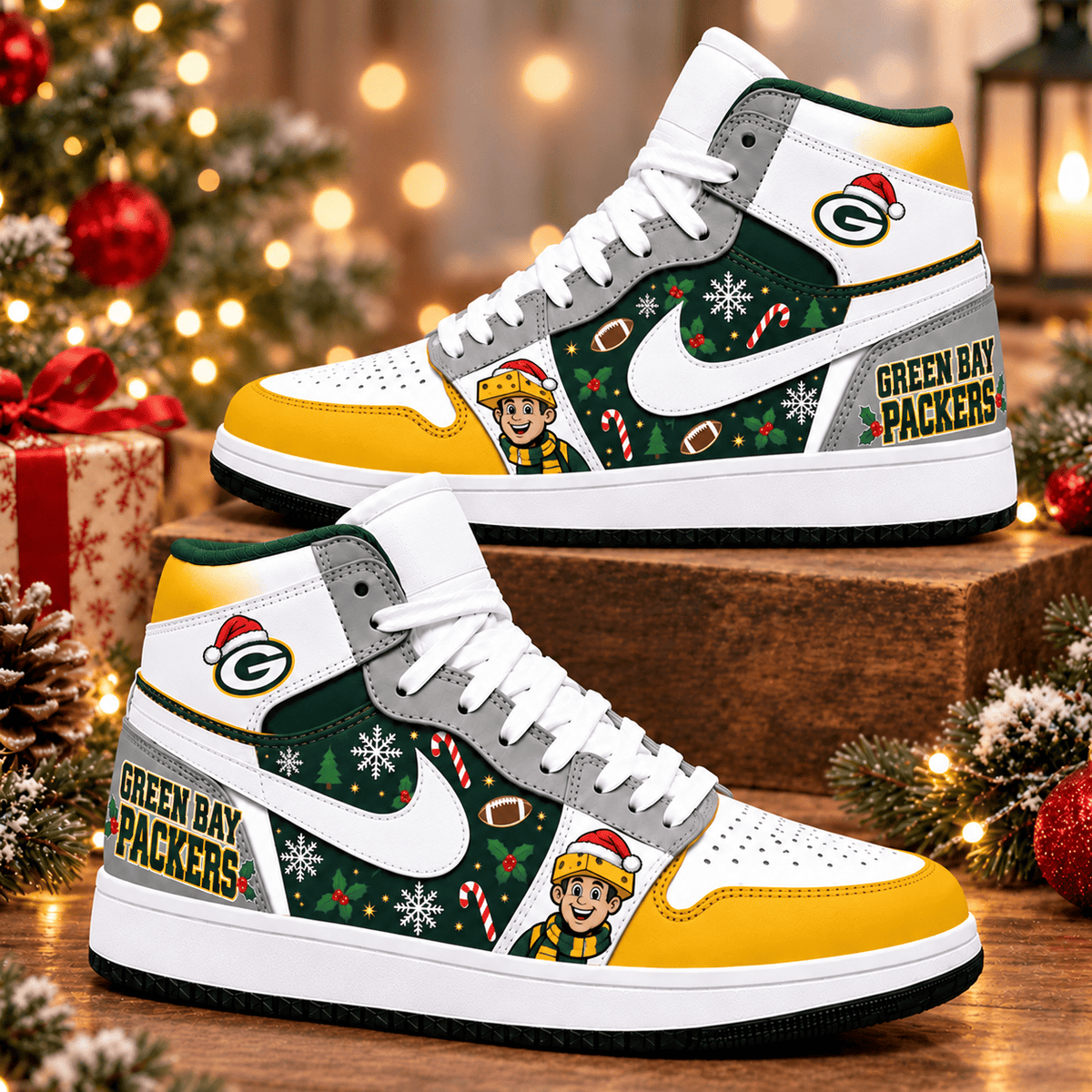 Green Bay Packers Premium Football AJ1 Shoes High – Holiday Fan Gift