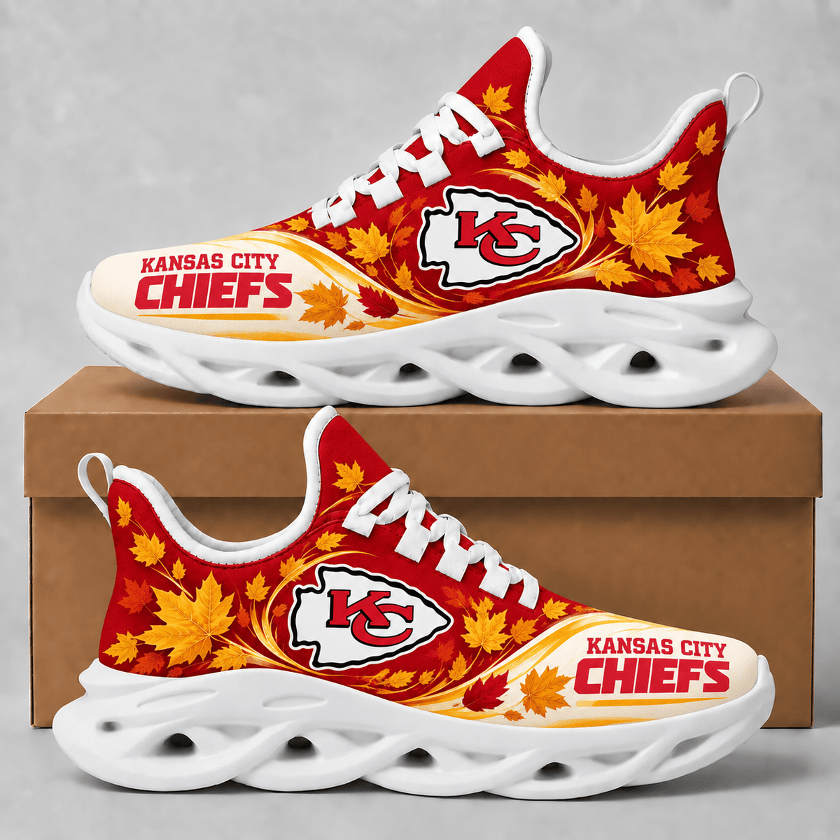 Kansas City Chiefs Fall Maple Leaves Chunky Sneakers – Autumn Edition