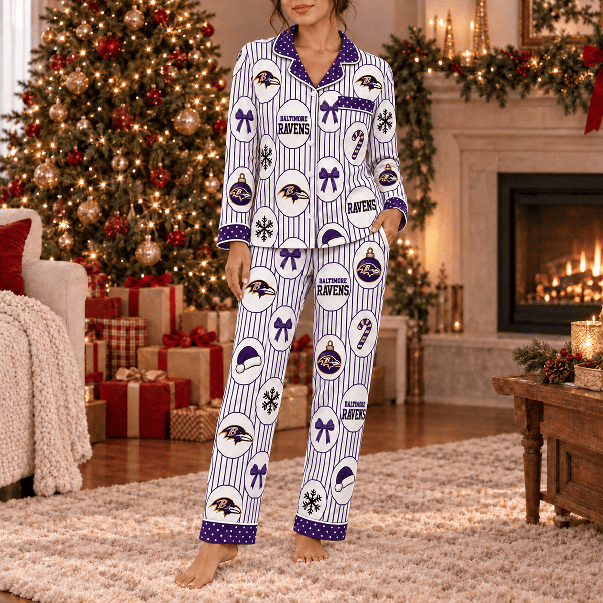 Baltimore Ravens Premium Christmas Long Sleeve Button Up Pajamas Set