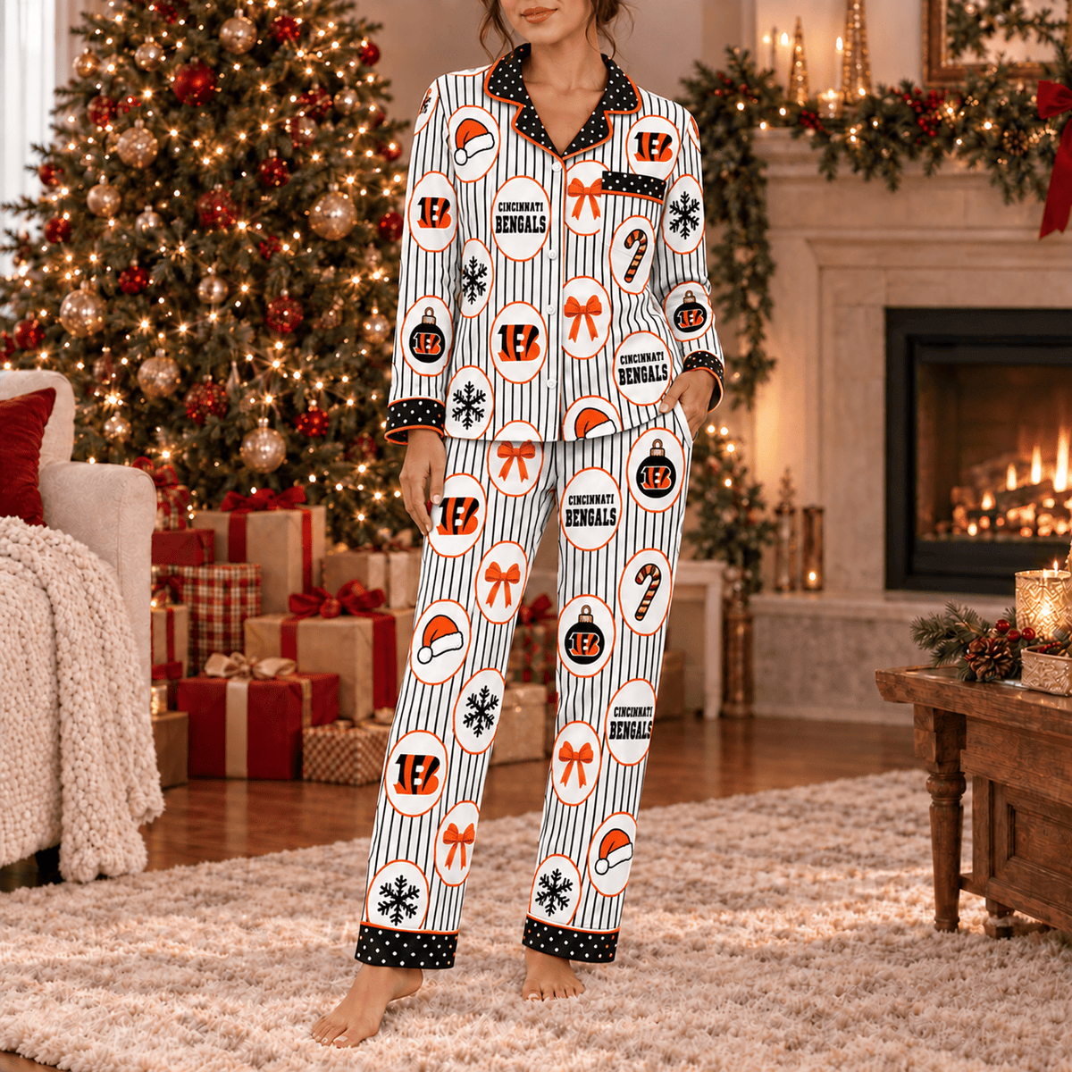 Cincinnati Bengals Premium Christmas Long Sleeve Button Up Pajamas Set