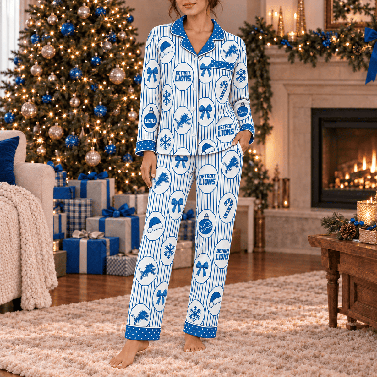 Detroit Lions Premium Christmas Long Sleeve Button Up Pajamas Set