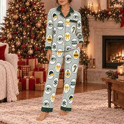 Green Bay Packers Premium Christmas Long Sleeve Button Up Pajamas Set