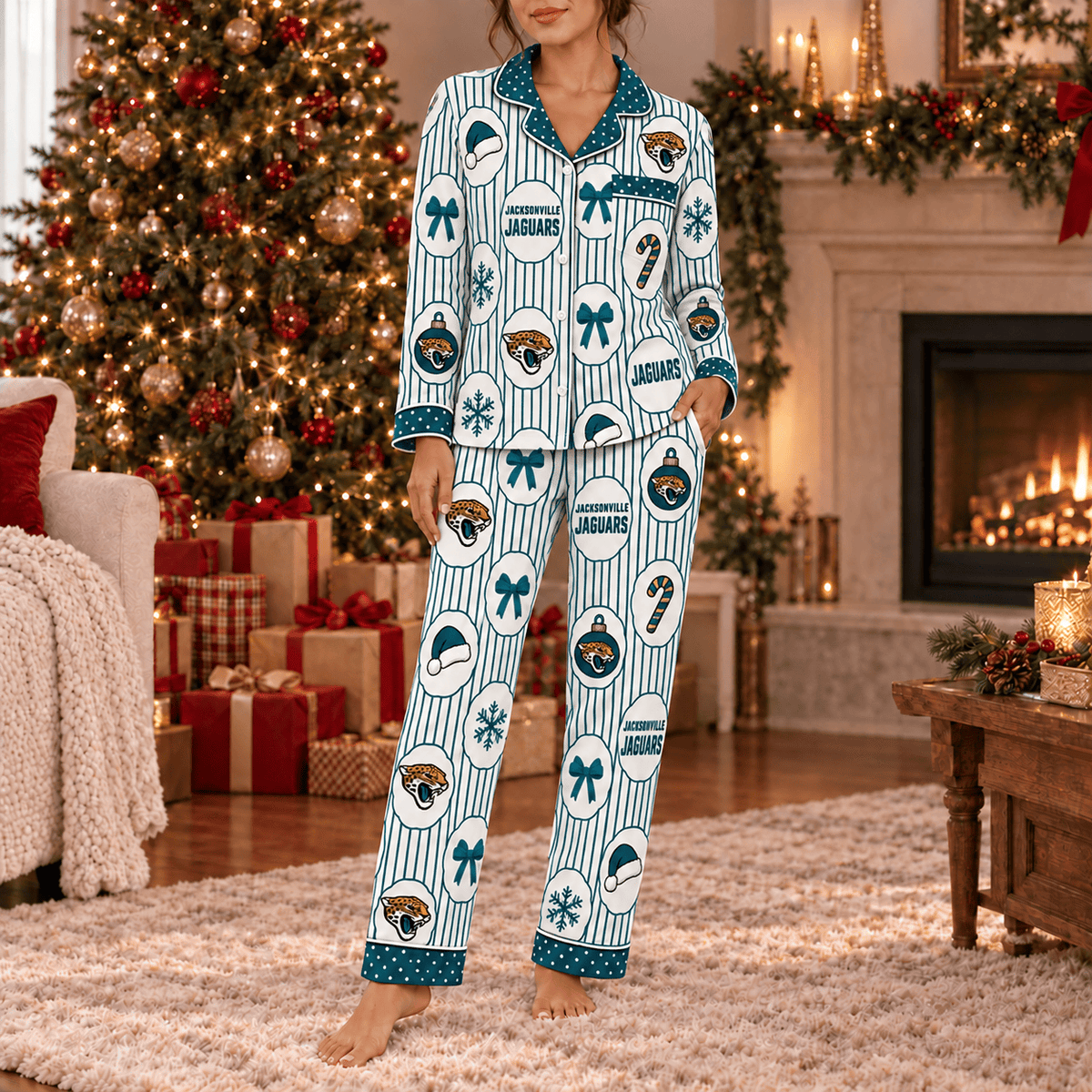 Jacksonville Jaguars Premium Christmas Long Sleeve Button Up Pajamas Set