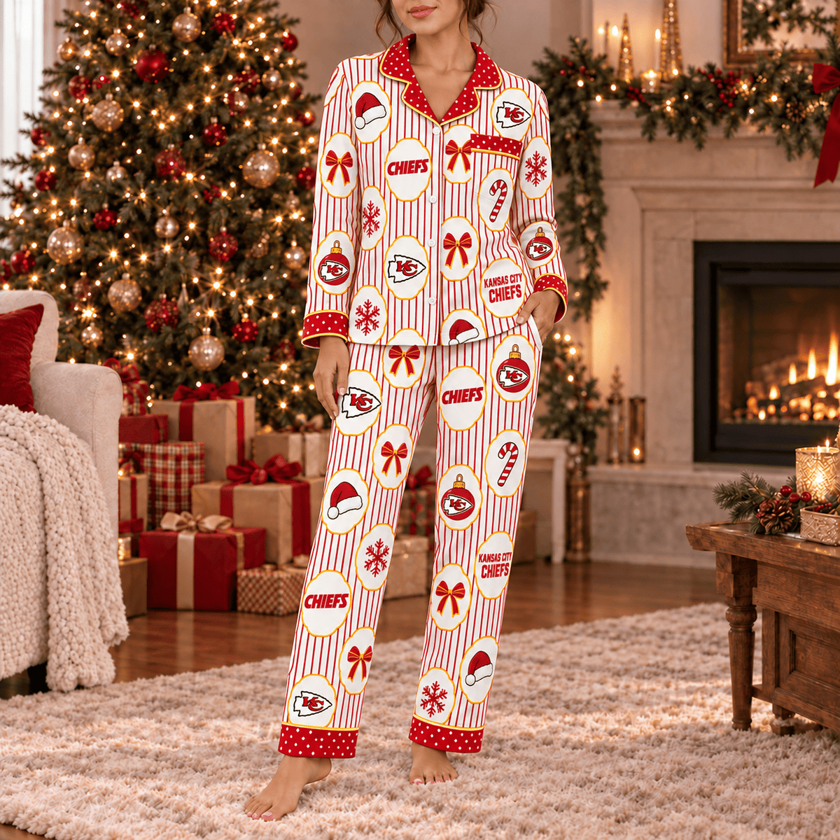 Kansas City Chiefs Premium Christmas Long Sleeve Button Up Pajamas Set