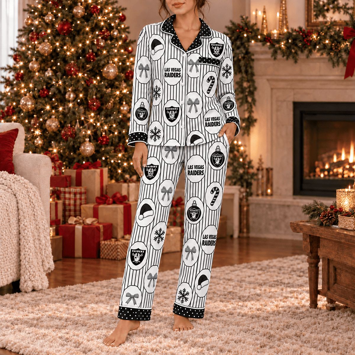 Las Vegas Raiders Premium Christmas Long Sleeve Button Up Pajamas Set