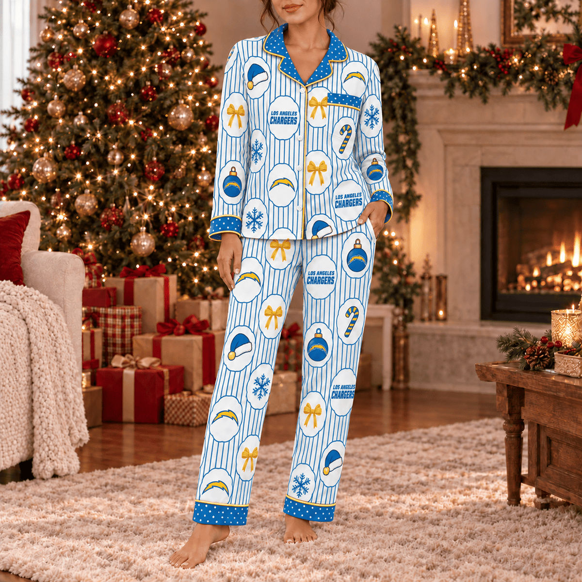Los Angeles Chargers Premium Christmas Long Sleeve Button Up Pajamas Set
