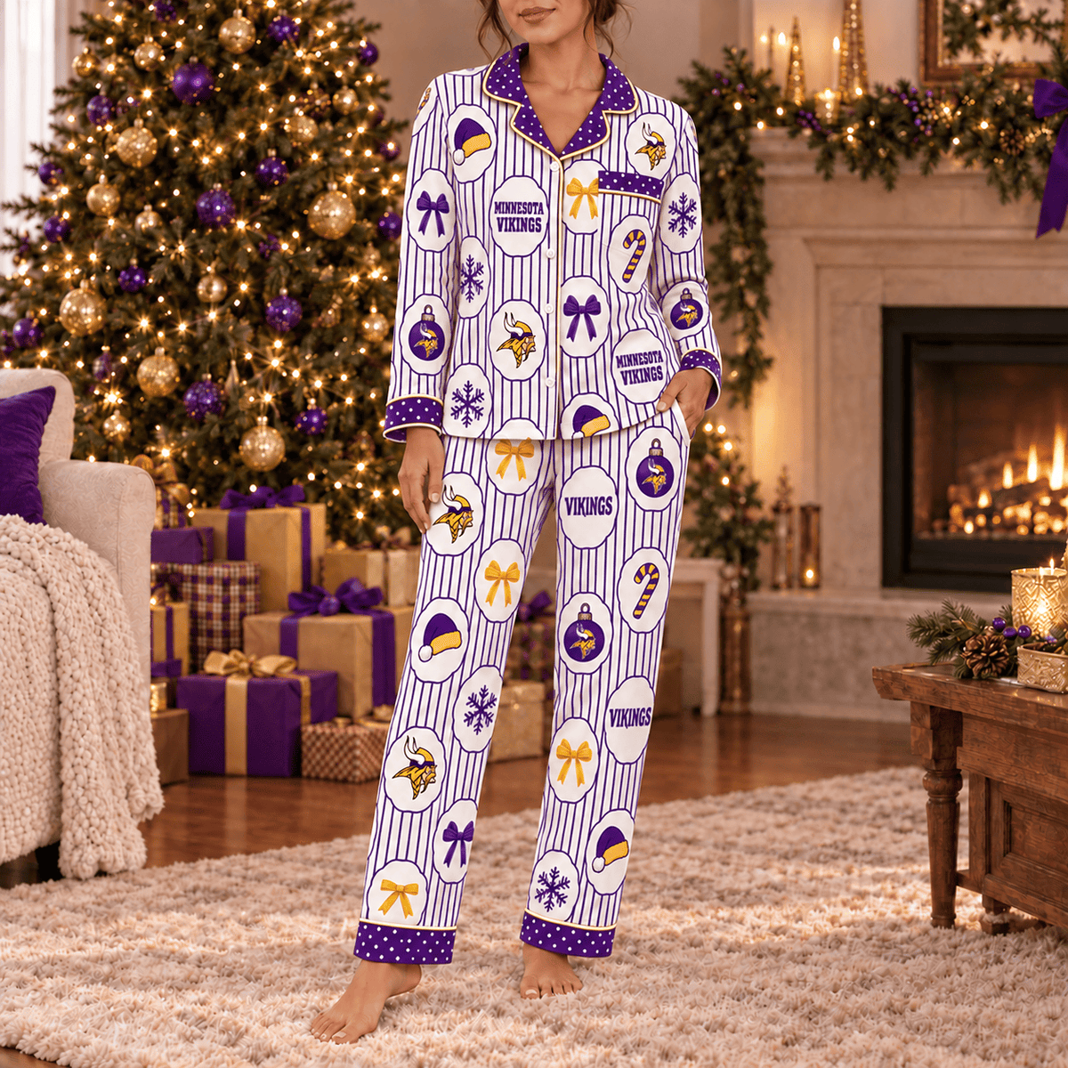 Minnesota Vikings Premium Christmas Long Sleeve Button Up Pajamas Set
