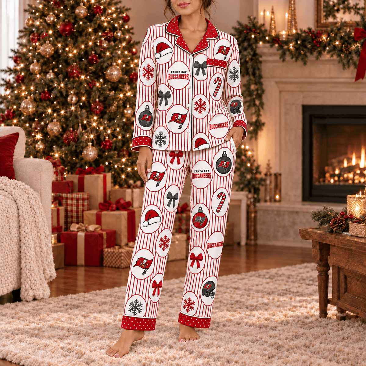 Tampa Bay Buccaneers Premium Christmas Long Sleeve Button Up Pajamas Set