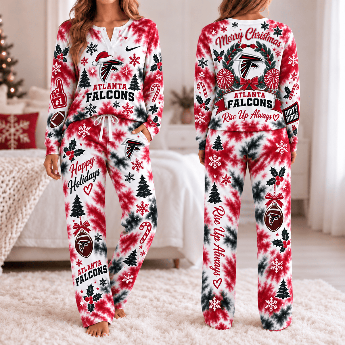 Atlanta Falcons Christmas Tie-Dye Long Sleeve Button Neck Shirt & Lounge Pants Set