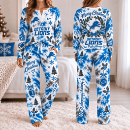 Detroit Lions Christmas Tie-Dye Long Sleeve Button Neck Shirt & Lounge Pants Set