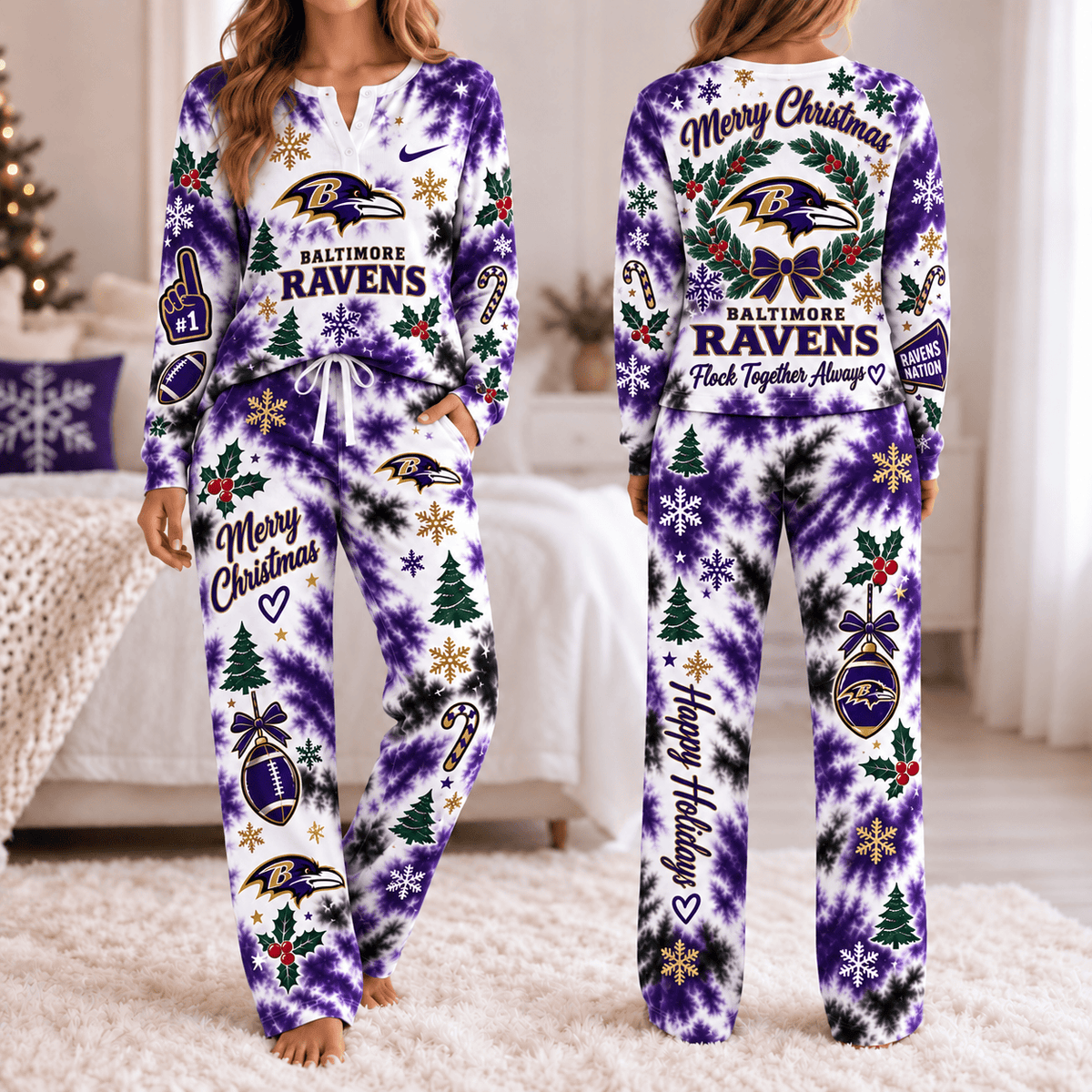 Baltimore Ravens Christmas Tie-Dye Long Sleeve Button Neck Shirt & Lounge Pants Set