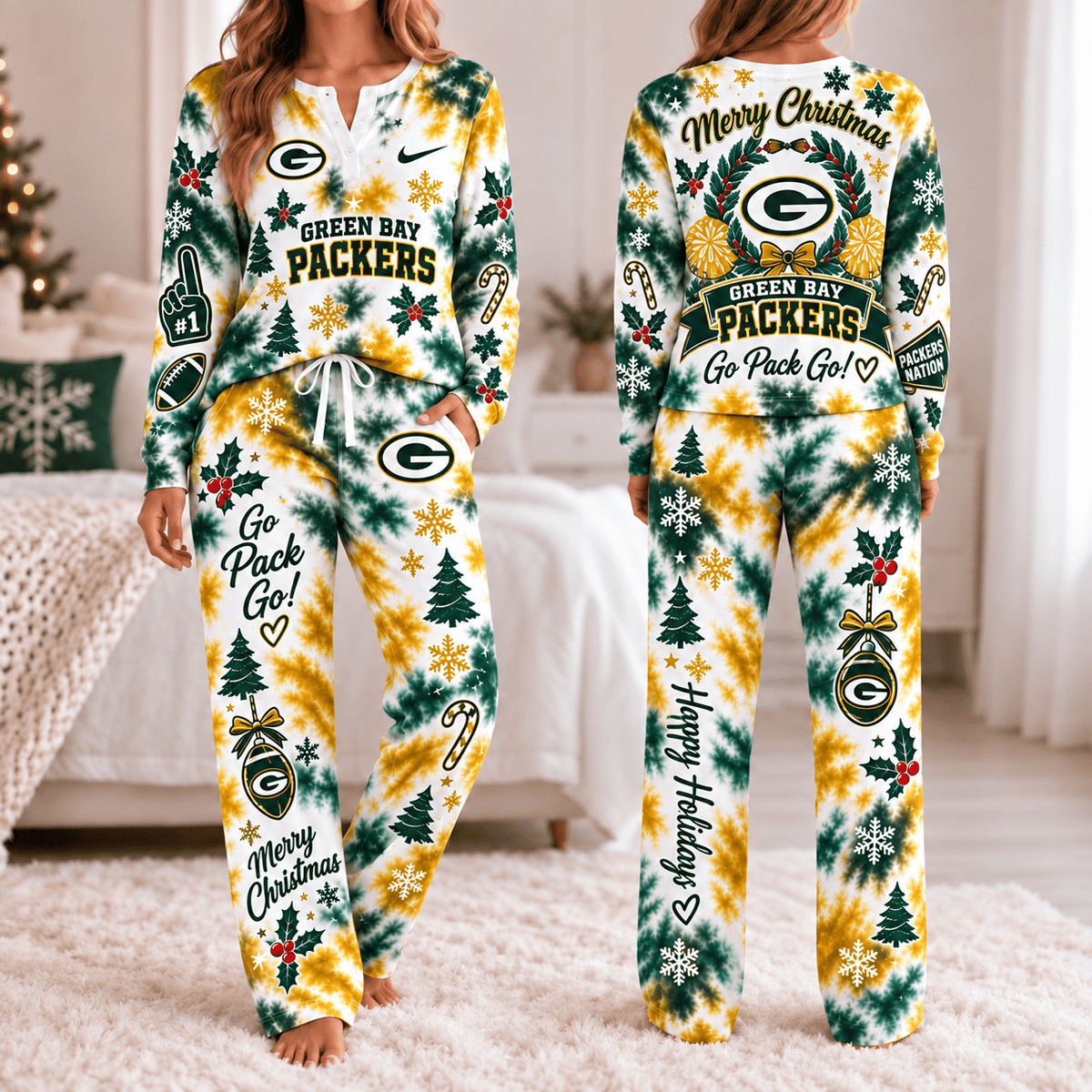 Green Bay Packers Christmas Tie-Dye Long Sleeve Button Neck Shirt & Lounge Pants Set