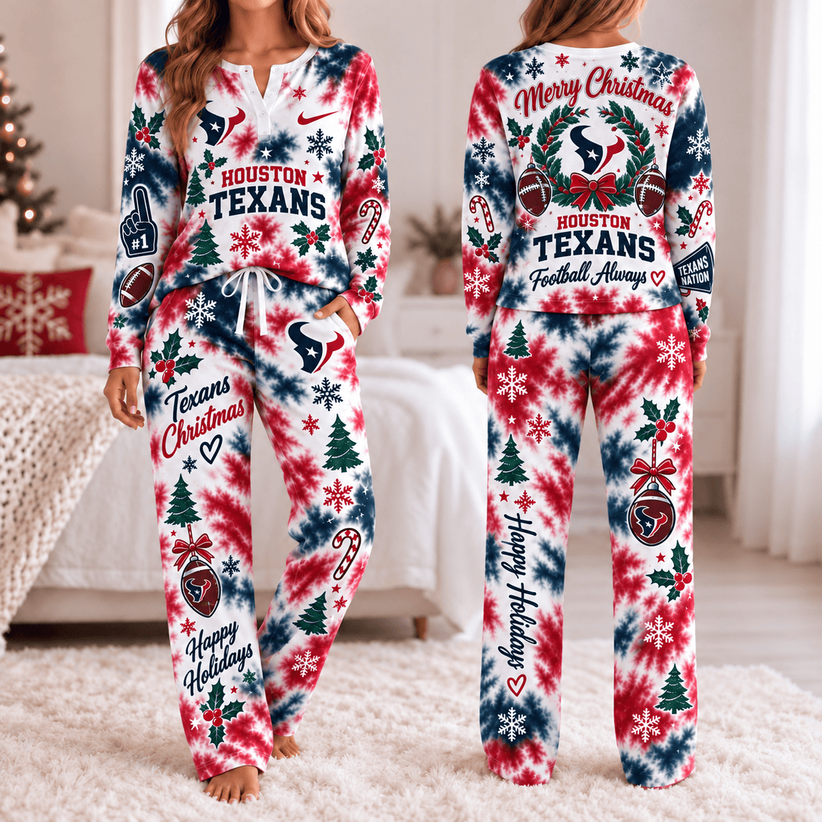 Houston Texans Christmas Tie-Dye Long Sleeve Button Neck Shirt & Lounge Pants Set