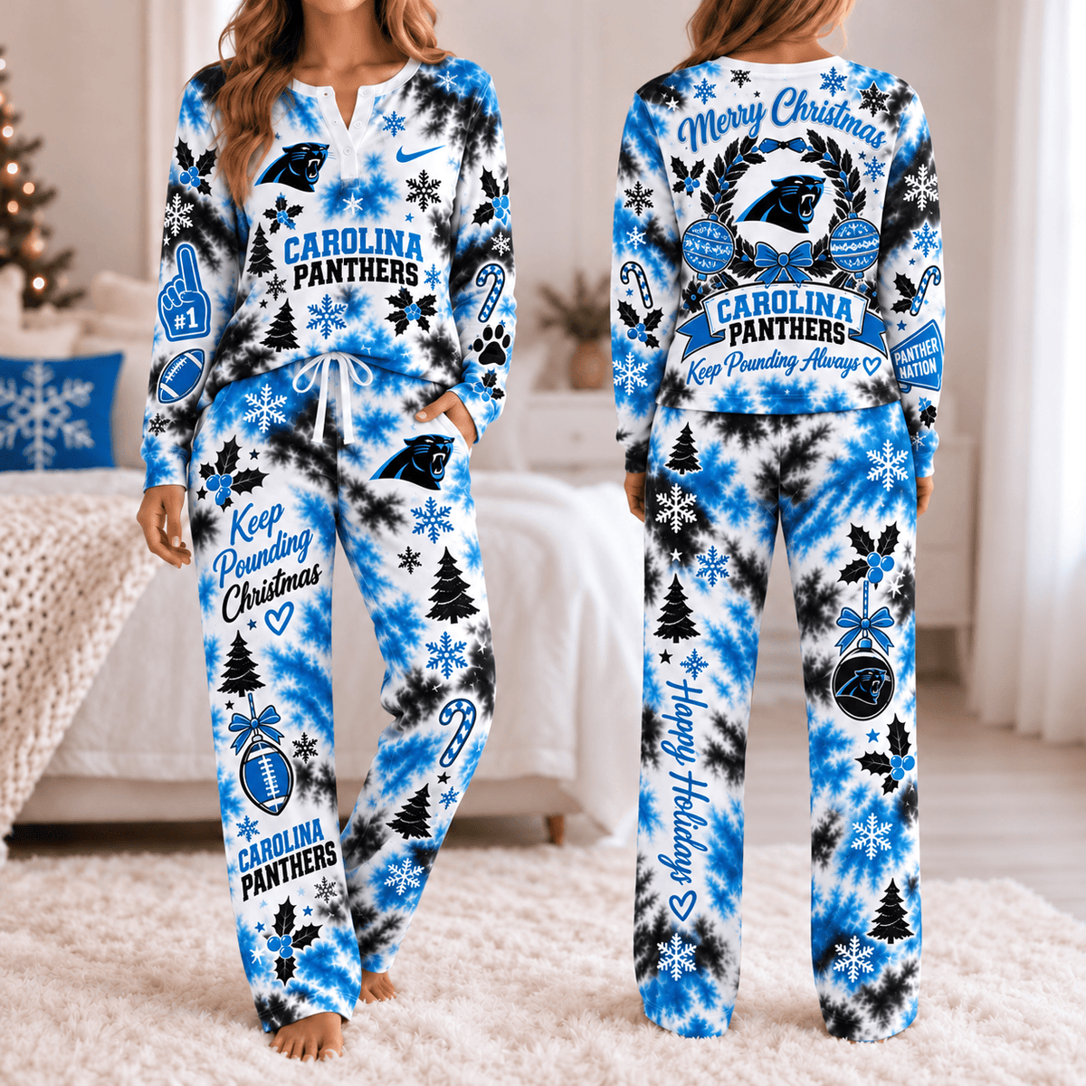 Carolina Panthers Christmas Tie-Dye Long Sleeve Button Neck Shirt & Lounge Pants Set