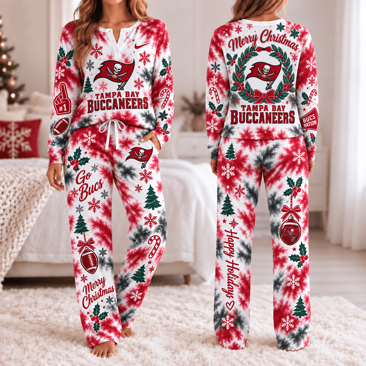 Tampa Bay Buccaneers Christmas Tie-Dye Long Sleeve Button Neck Shirt & Lounge Pants Set