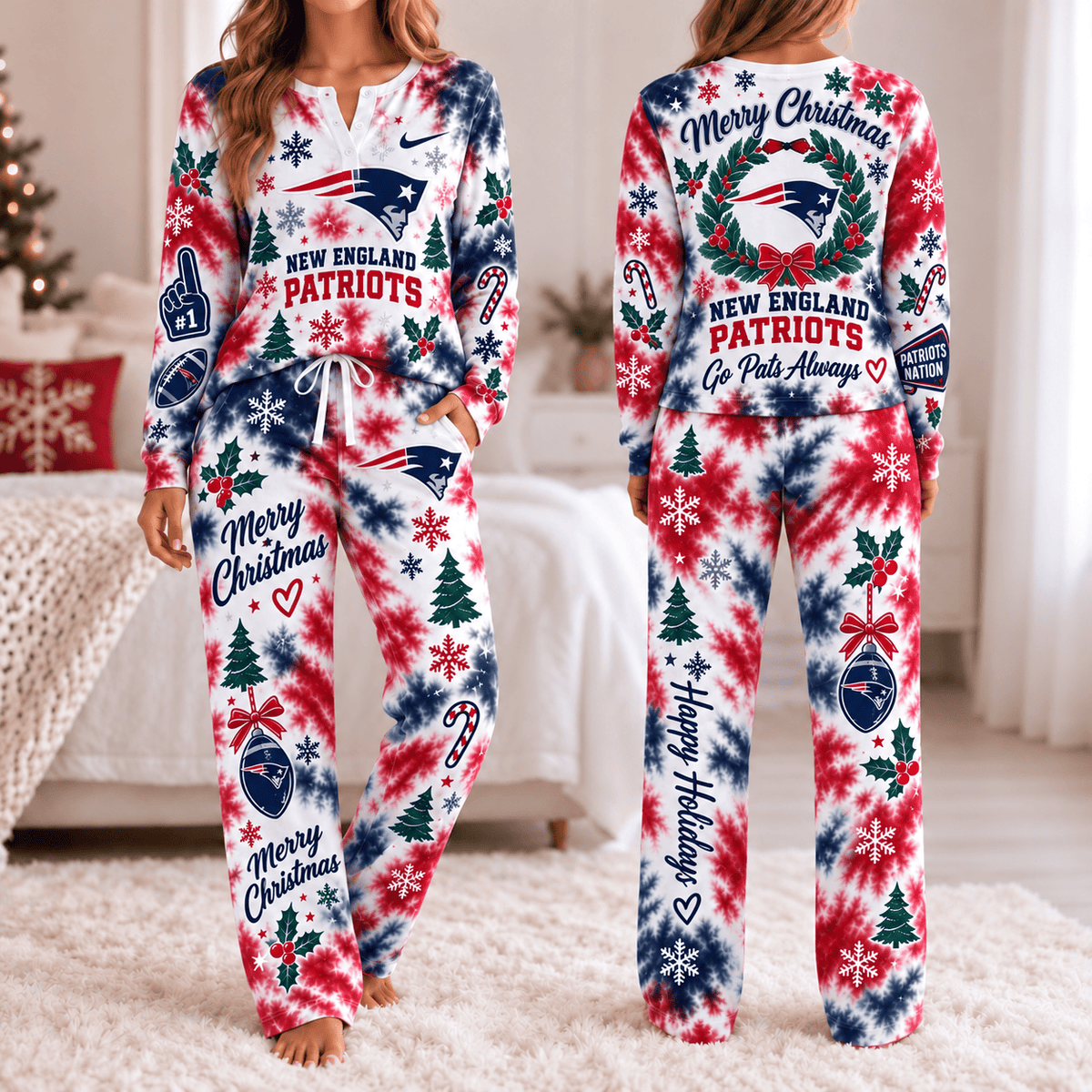 New England Patriots Christmas Tie-Dye Long Sleeve Button Neck Shirt & Lounge Pants Set