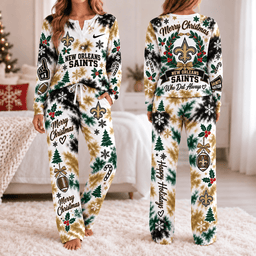 New Orleans Saints Christmas Tie-Dye Long Sleeve Button Neck Shirt & Lounge Pants Set