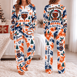 Chicago Bears Christmas Tie-Dye Long Sleeve Button Neck Shirt & Lounge Pants Set