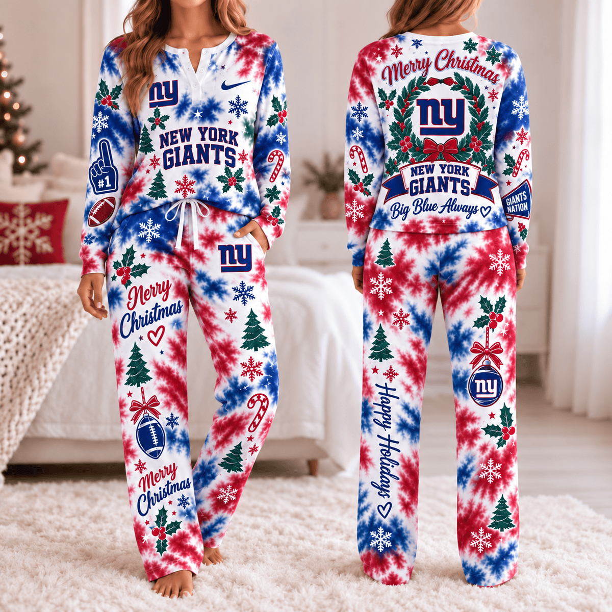 New York Giants Christmas Tie-Dye Long Sleeve Button Neck Shirt & Lounge Pants Set