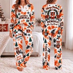 Cincinnati Bengals Christmas Tie-Dye Long Sleeve Button Neck Shirt & Lounge Pants Set