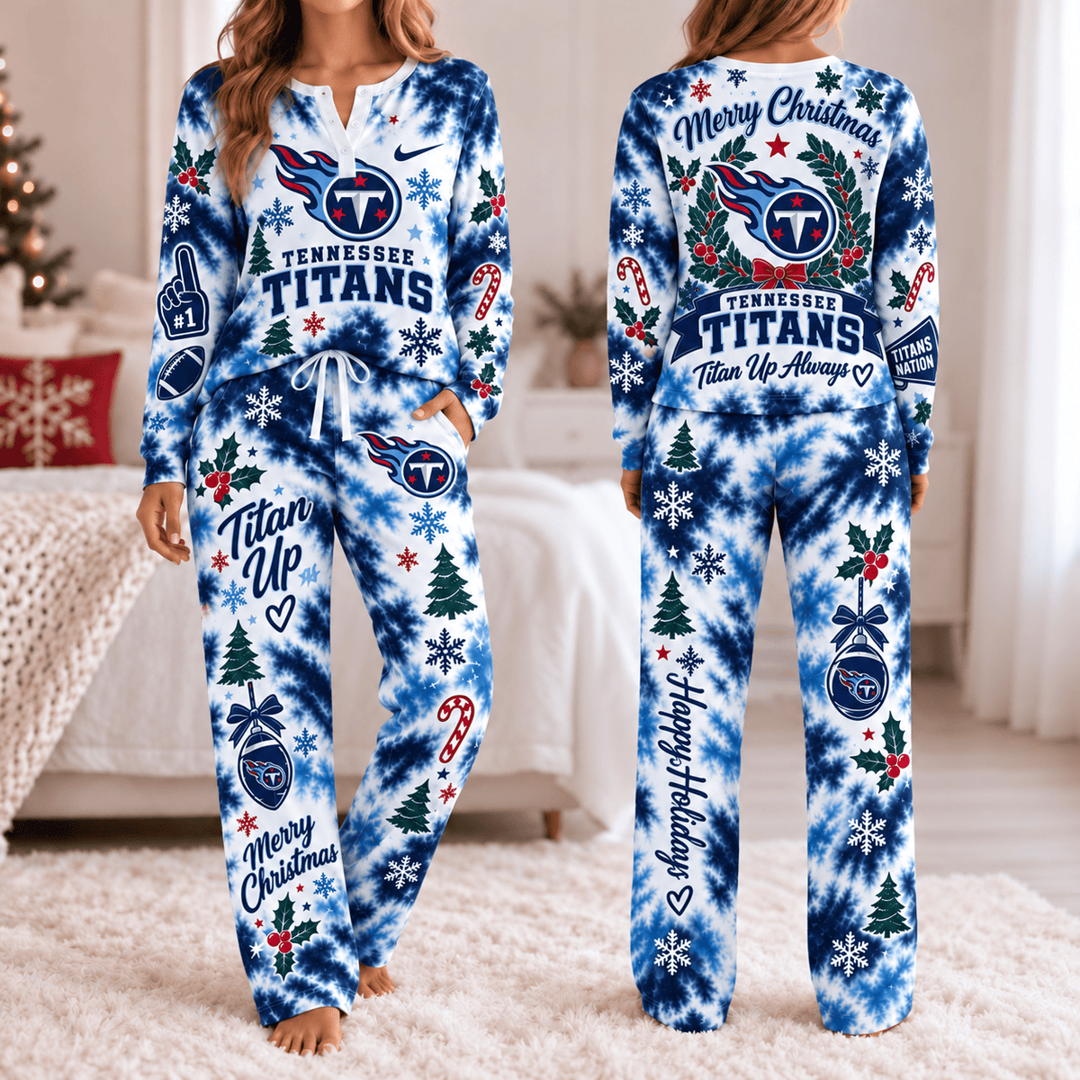 Tennessee Titans Christmas Tie-Dye Long Sleeve Button Neck Shirt & Lounge Pants Set