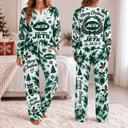 New York Jets Christmas Tie-Dye Long Sleeve Button Neck Shirt & Lounge Pants Set