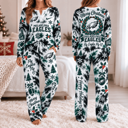 Philadelphia Eagles Christmas Tie-Dye Long Sleeve Button Neck Shirt & Lounge Pants Set