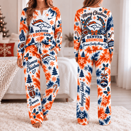 Denver Broncos Christmas Tie-Dye Long Sleeve Button Neck Shirt & Lounge Pants Set