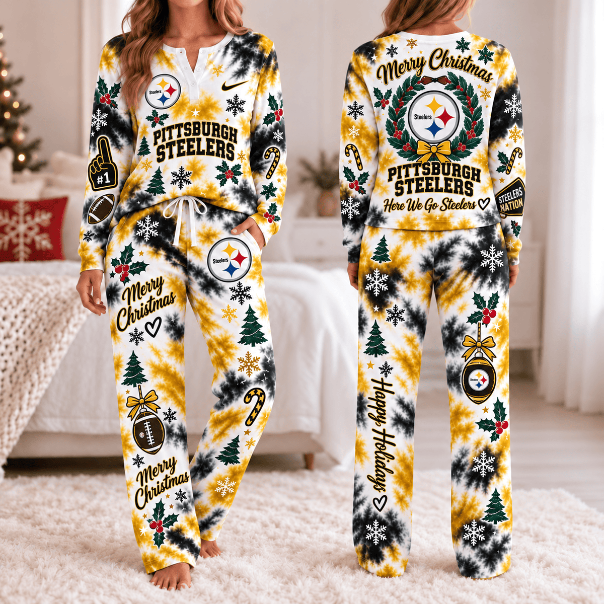Pittsburgh Steelers Christmas Tie-Dye Long Sleeve Button Neck Shirt & Lounge Pants Set
