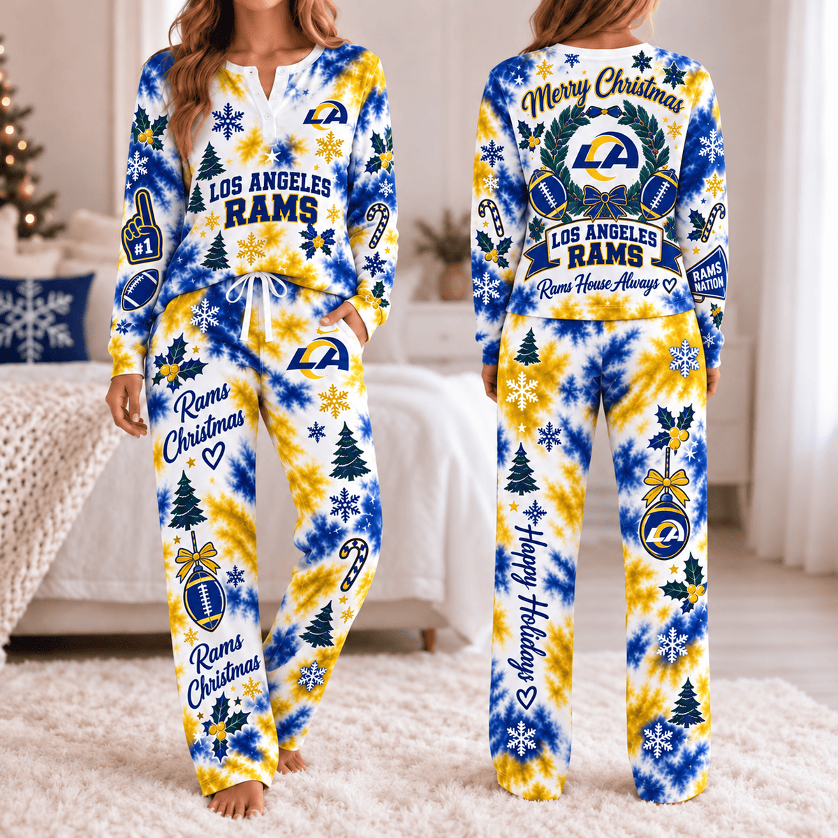 Los Angeles Rams Christmas Tie-Dye Long Sleeve Button Neck Shirt & Lounge Pants Set