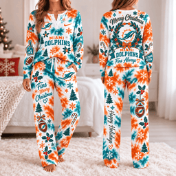 Miami Dolphins Christmas Tie-Dye Long Sleeve Button Neck Shirt & Lounge Pants Set