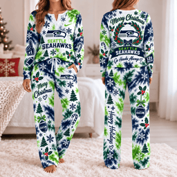 Seattle Seahawks Christmas Tie-Dye Long Sleeve Button Neck Shirt & Lounge Pants Set