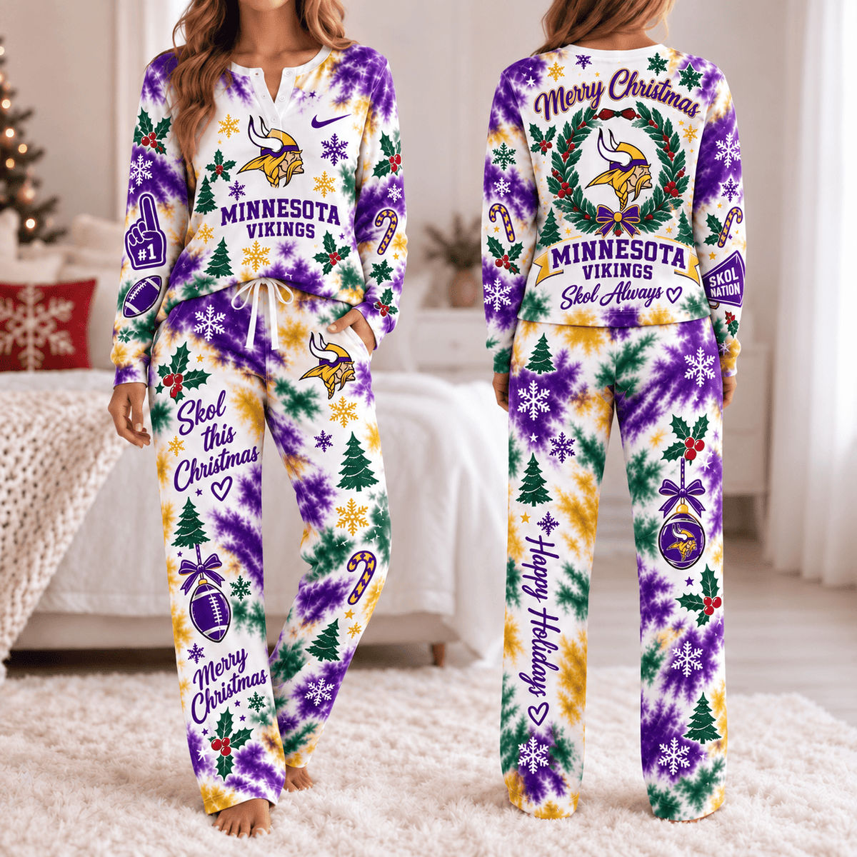 Minnesota Vikings Christmas Tie-Dye Long Sleeve Button Neck Shirt & Lounge Pants Set
