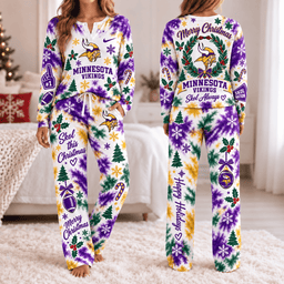 Minnesota Vikings Christmas Tie-Dye Long Sleeve Button Neck Shirt & Lounge Pants Set