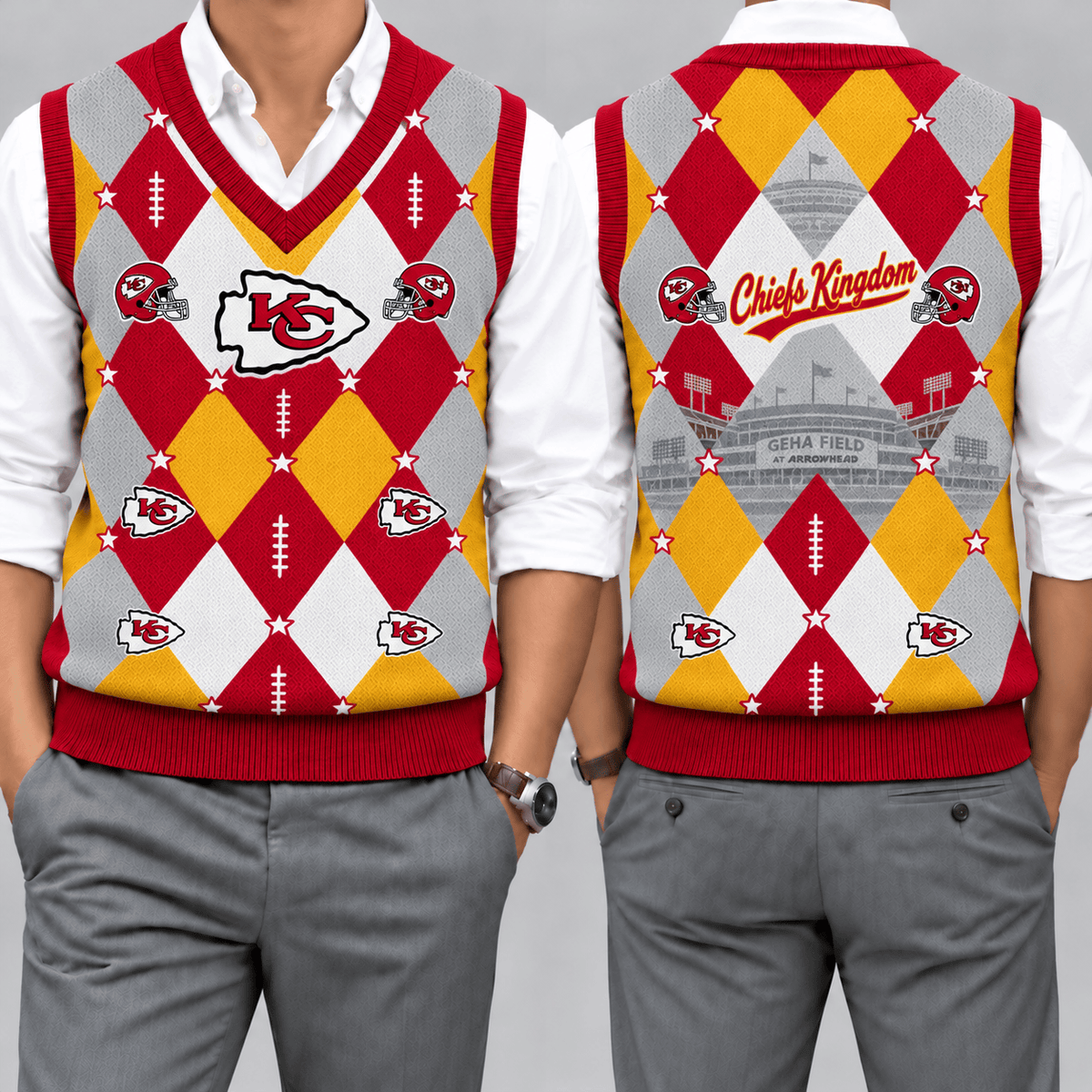 Kansas City Chiefs Team Argyle Football Fan V-Neck Sleeveless Knit Vest