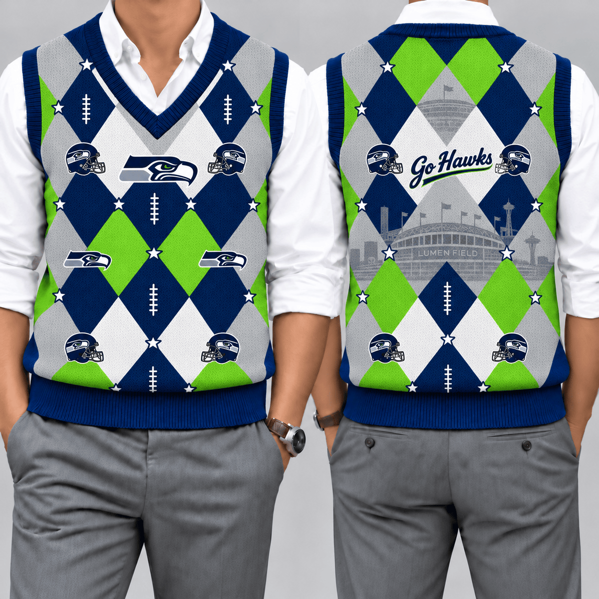 Seattle Seahawks Team Argyle Football Fan V-Neck Sleeveless Knit Vest