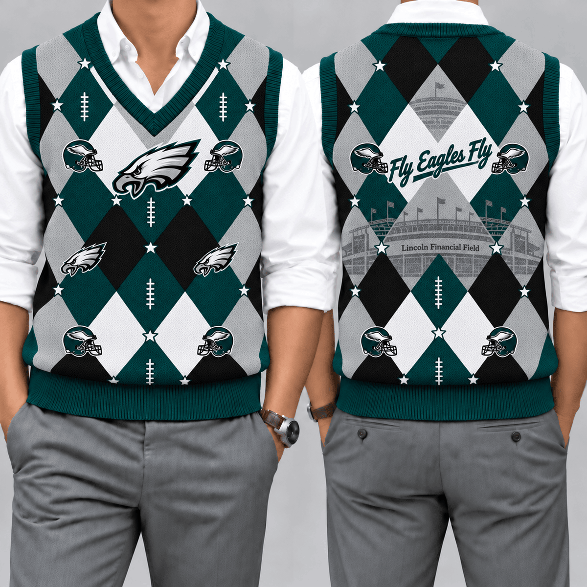 Philadelphia Eagles Team Argyle Football Fan V-Neck Sleeveless Knit Vest